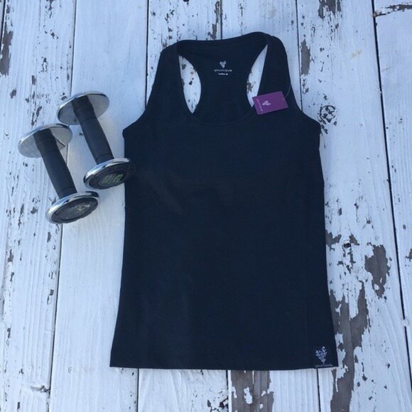NWT Women's XL Stretch Black Tank Shelf Bra Racerback Scroll Logo Slimming Comfy - Picture 2 of 5